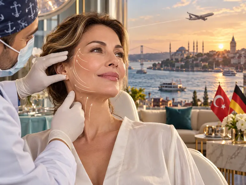 Deep Plane Facelift ohne Vollnarkose in der Türkei: Beratungsszene mit Markierung der Gesichtskonturen in Istanbul.