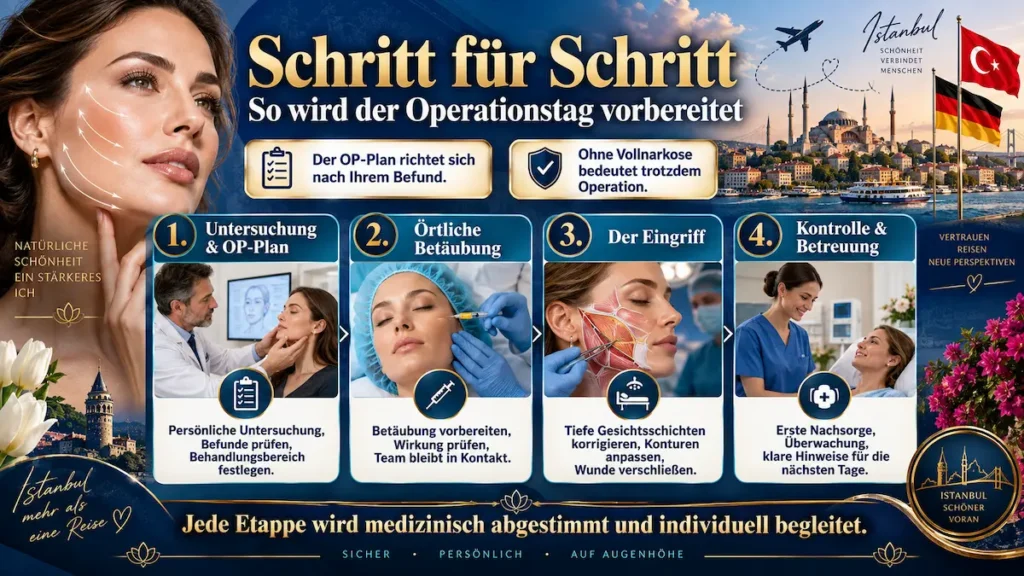 Awake Deep Plane Facelift ohne Vollnarkose: Infografik zu Untersuchung, örtlicher Betäubung, Eingriff und erster Nachsorge.