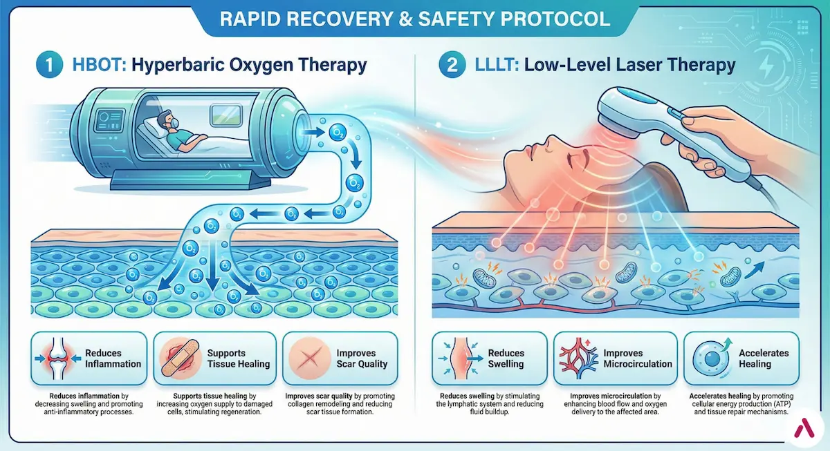 Infographic showing HBOT oxygen chamber and LLLT device with benefits (reduced inflammation, improved microcirculation, accelerated healing) for Awake Deep Plane Facelift recovery.