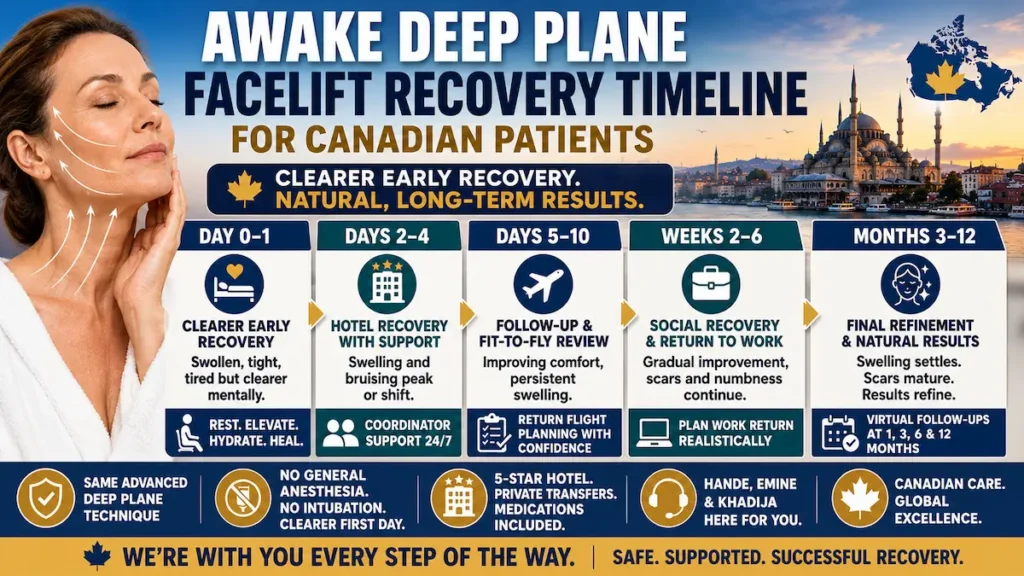 Awake deep plane facelift recovery timeline for Canadian patients from day 0 to 12 months with hotel support and follow-up.