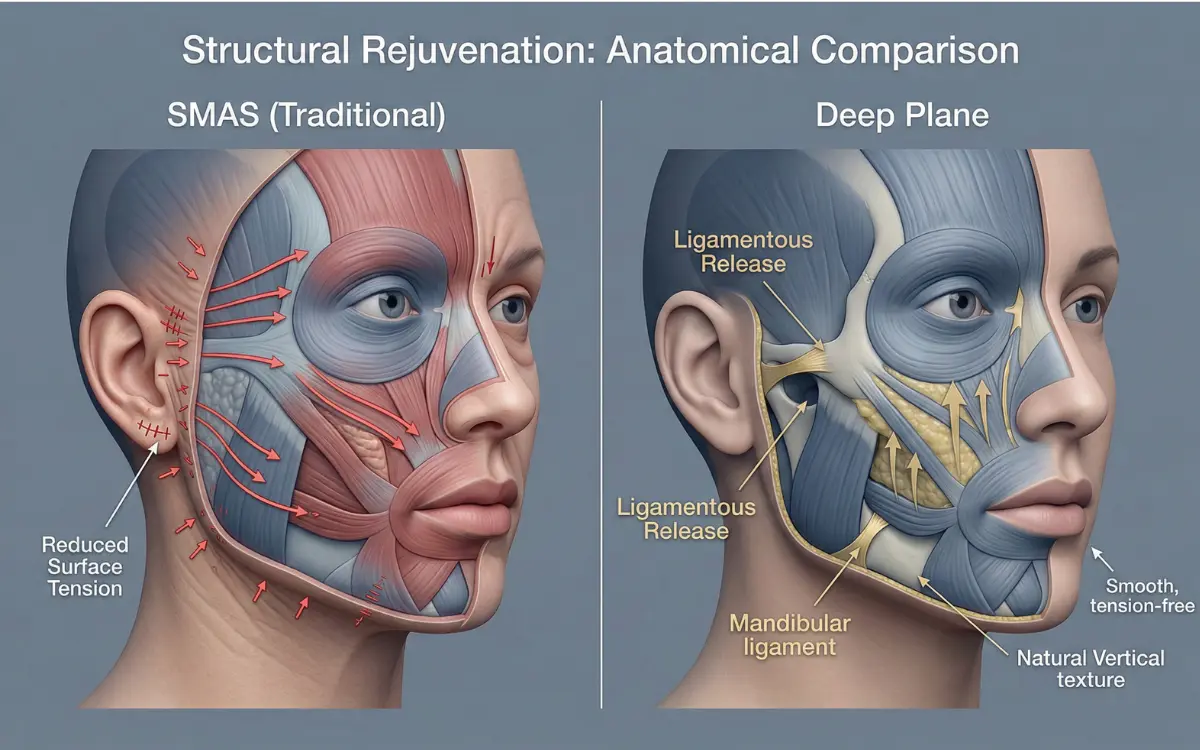 Anatomical diagram comparing SMAS (traditional) and deep plane facelift layers, showing ligament release and vertical lift vectors.