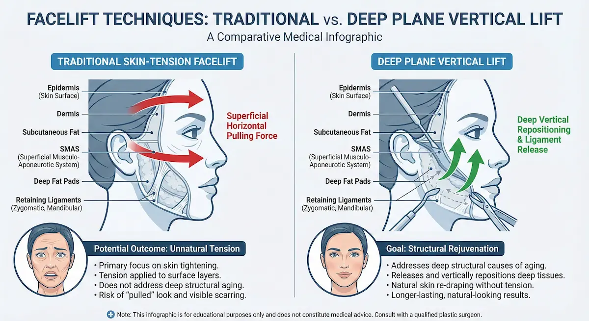 Comparison infographic showing traditional horizontal pulling forces versus deep plane vertical repositioning and ligament release, illustrating structural rejuvenation in Awake Deep Plane Facelift.