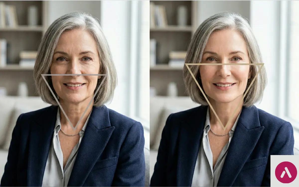 Portrait comparison showing the ‘triangle of youth’ concept to illustrate balanced facial proportions after structural rejuvenation.