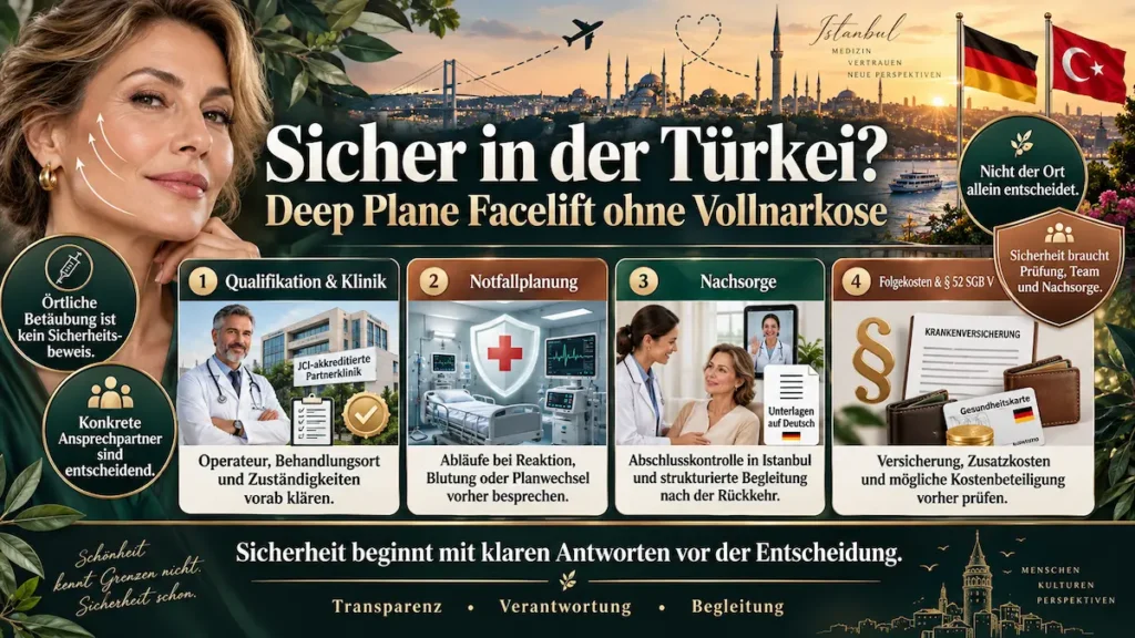 Deep Plane Facelift ohne Vollnarkose: Infografik zu Klinikprüfung, Notfallplanung, Nachsorge und Folgekosten.
