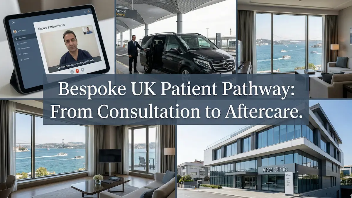 Collage showing video consultation, airport transfer, recovery-friendly hotel room and clinic exterior for a UK patient pathway.