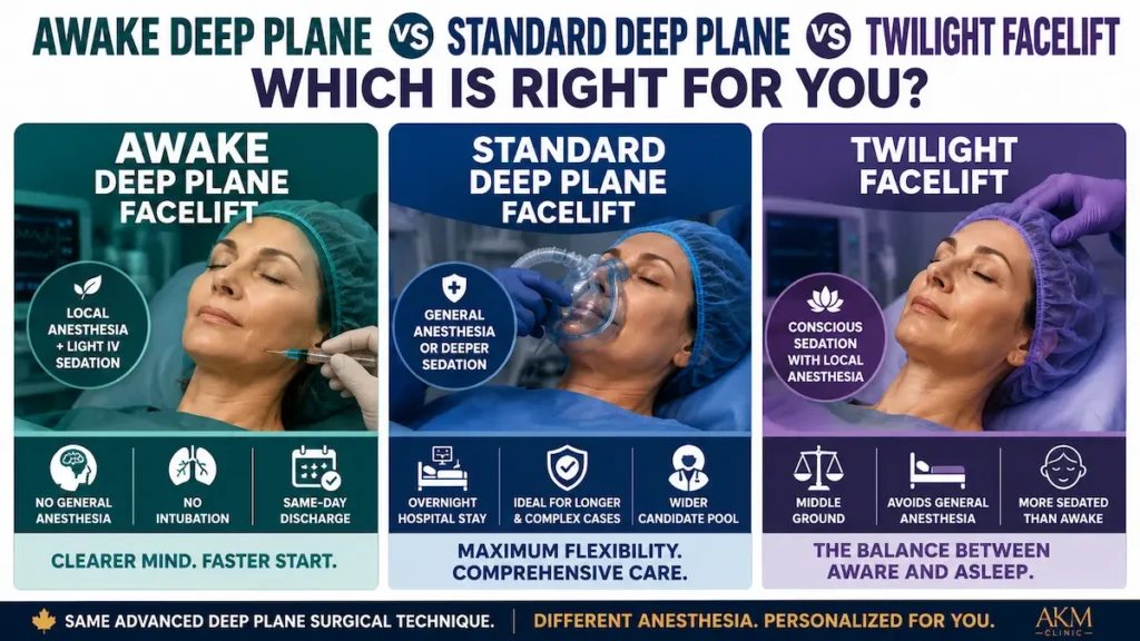 Awake deep plane facelift comparison with standard deep plane and twilight facelift anesthesia options for Canadian patients.