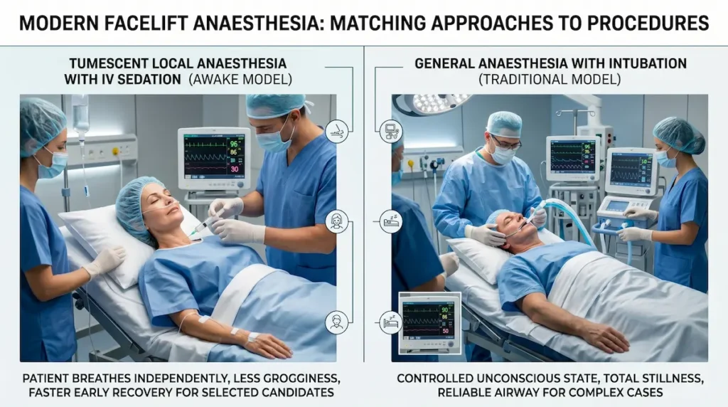 Local vs general anesthesia facelift infographic comparing awake IV sedation and general anesthesia for Canadian patients.
