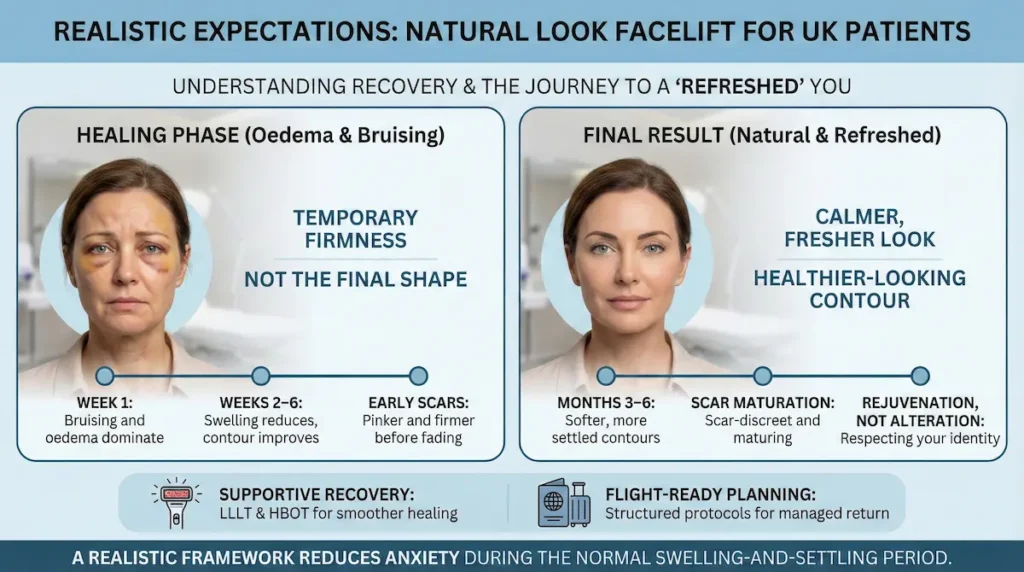 Awake Facelift Before After recovery infographic for UK patients showing a facelift recovery timeline from week 1 to months 3–6, with oedema, bruising, scar maturation, and natural final results.