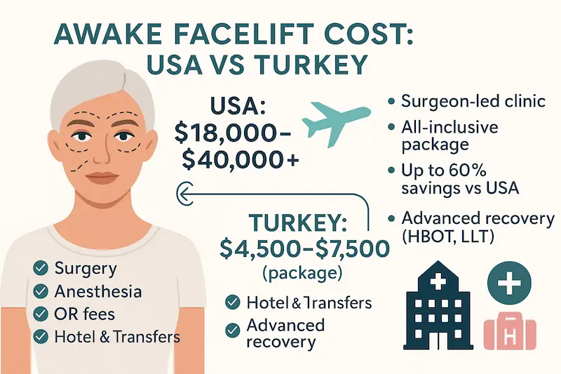 Infographic explaining awake facelift cost all inclusive package, comparing USA prices of $18,000–$40,000+ with Turkey packages of $4,500–$7,500 that include surgery, anesthesia, OR fees, hotel, transfers and advanced recovery at a surgeon-led clinic.
