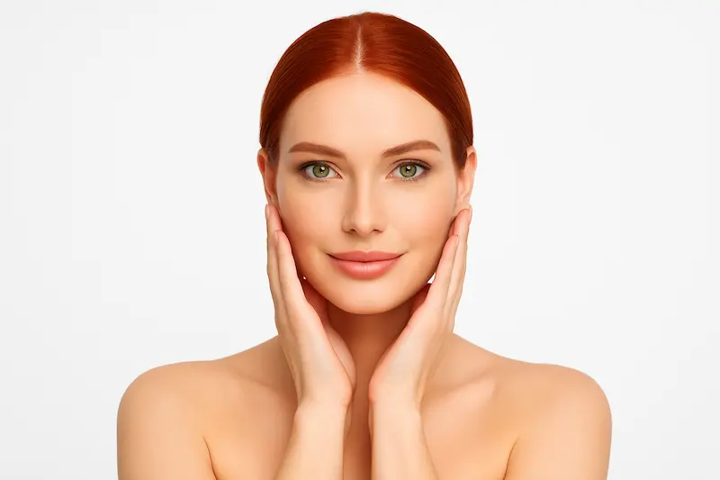 A young woman with red hair and green eyes gently holding her face and smiling against a white background, representing smooth natural results after surgery while researching awake facelift cost in the USA vs Turkey.