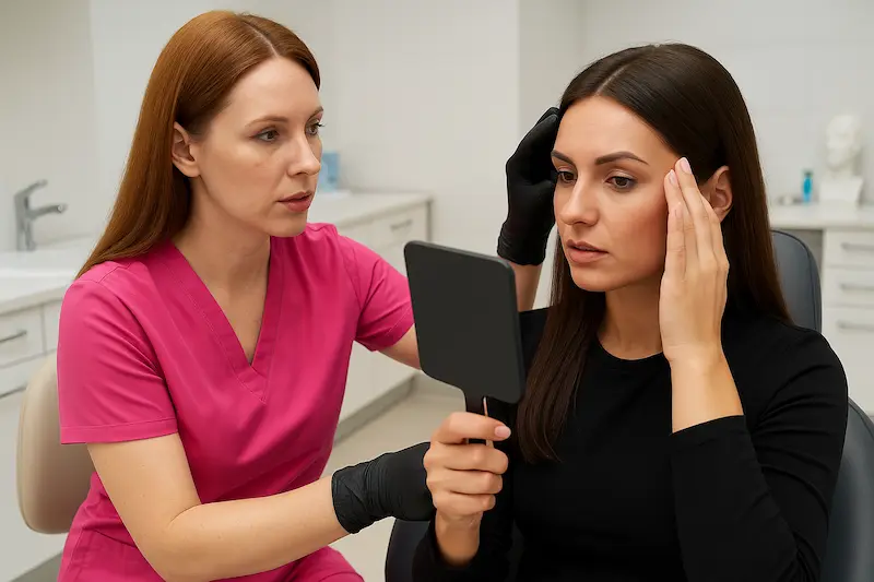 A female cosmetic surgeon in pink scrubs examining a patient holding a mirror during an awake facelift consultation, illustrating awake facelift cost in Turkey and the focus on personalised treatment planning.