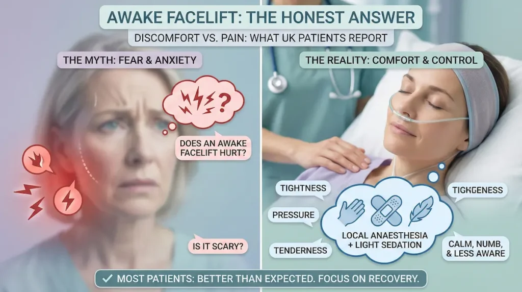 Split-panel infographic explaining Is Awake Facelift Painful and how UK patients describe tightness, pressure and tenderness with local anaesthesia and light sedation.