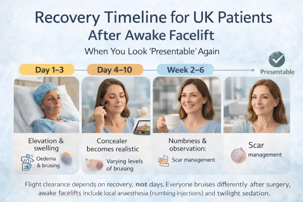 Awake facelift benefits recovery timeline for UK patients showing Day 1–3 swelling (oedema), Day 4–10 bruising changes, and Weeks 2–6 scar management.