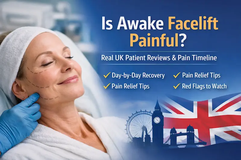 Patient in clinic setting illustrating Is Awake Facelift Painful with UK patient review theme and facelift recovery timeline graphic.