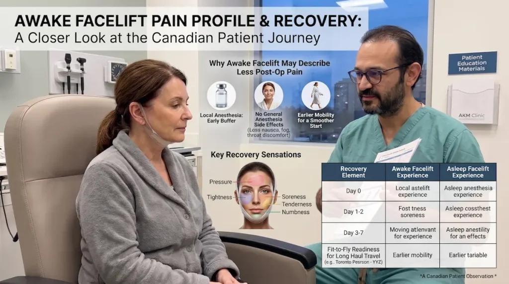 Is an awake facelift painful? Canadian patient reviewing awake facelift recovery sensations with a surgeon after surgery.