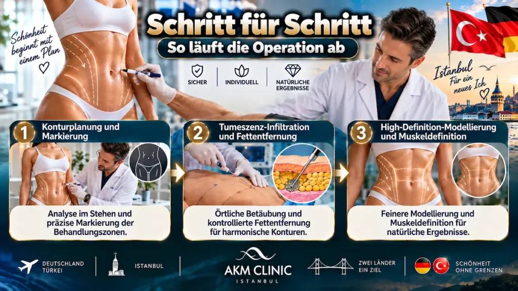 Fettabsaugung ohne Vollnarkose: Ablauf mit Konturplanung, Tumeszenz-Lokalanästhesie und High-Definition-Modellierung.