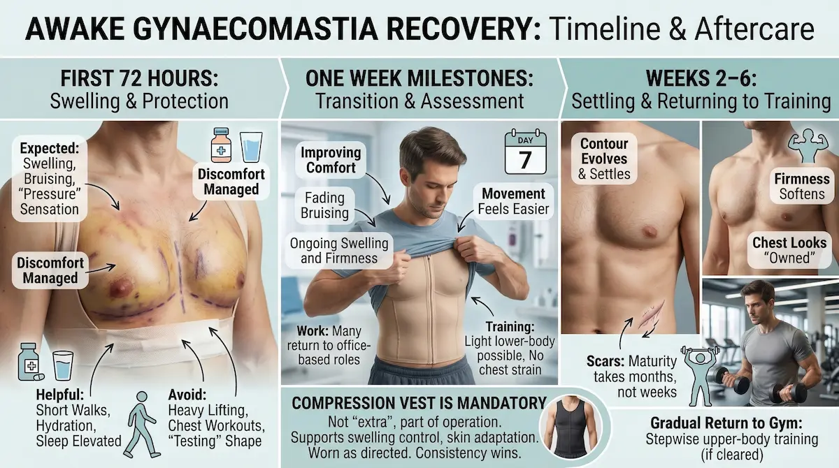 Awake gynaecomastia recovery timeline infographic showing first 72 hours, one week milestones, weeks 2–6, and compression vest aftercare.