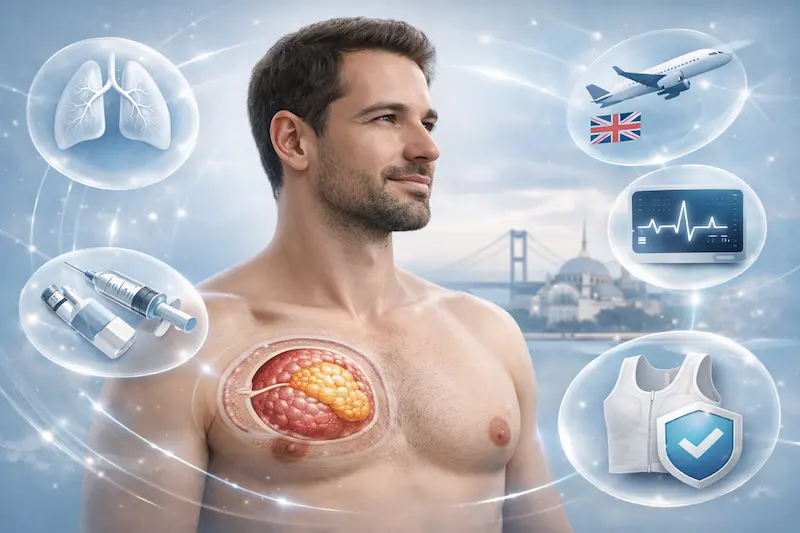 Awake gynaecomastia surgery featured illustration showing glandular tissue anatomy, local anaesthesia concept, and UK-to-Istanbul patient pathway.