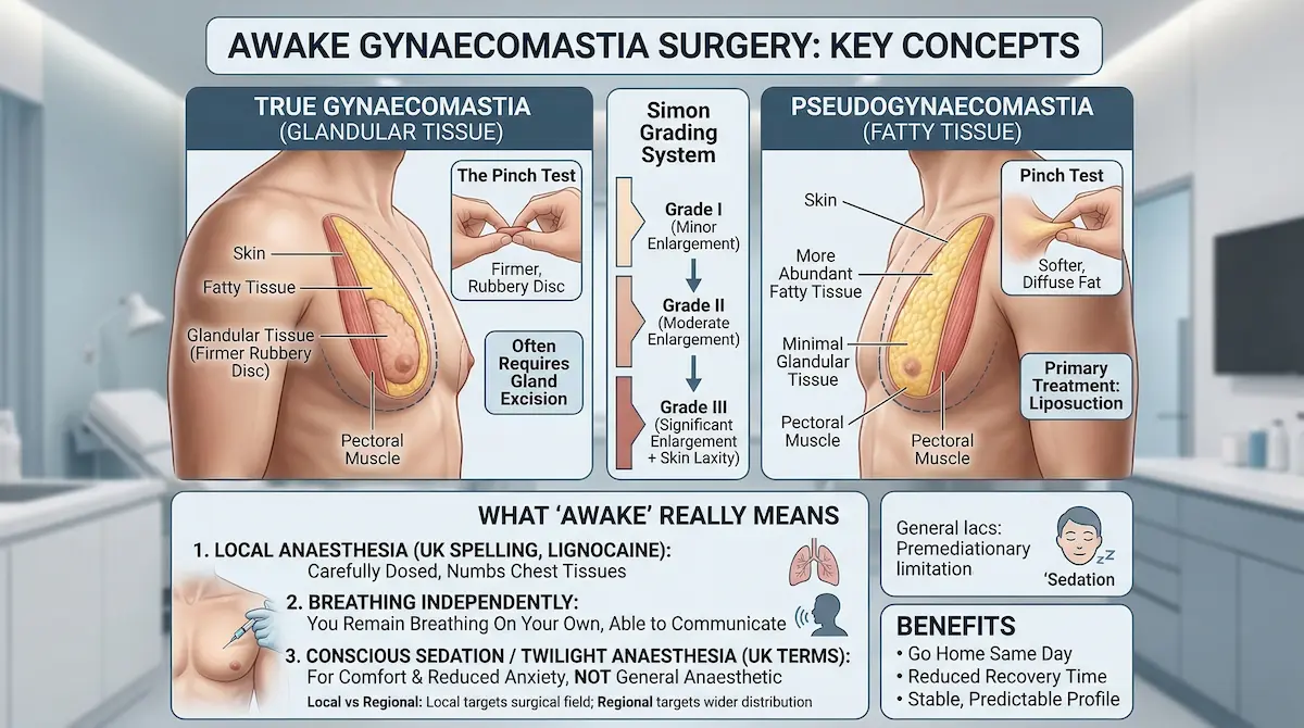 Awake gynaecomastia surgery infographic explaining true vs pseudo gynaecomastia, Simon grading, pinch test, and local anaesthesia benefits.