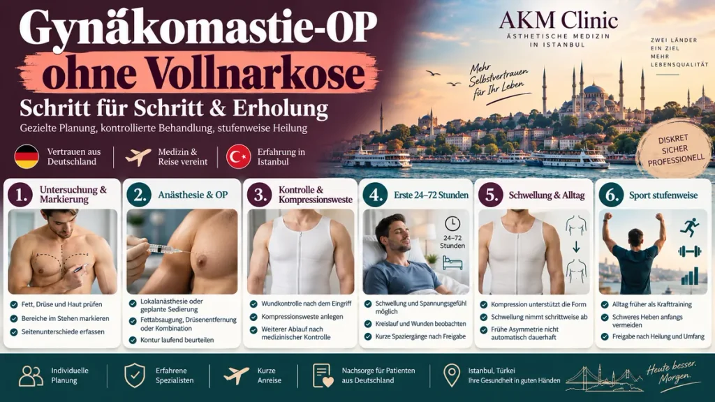 Gynäkomastie-OP ohne Vollnarkose: Schritt-für-Schritt-Ablauf von Untersuchung und Operation bis Erholung und Sportfreigabe.