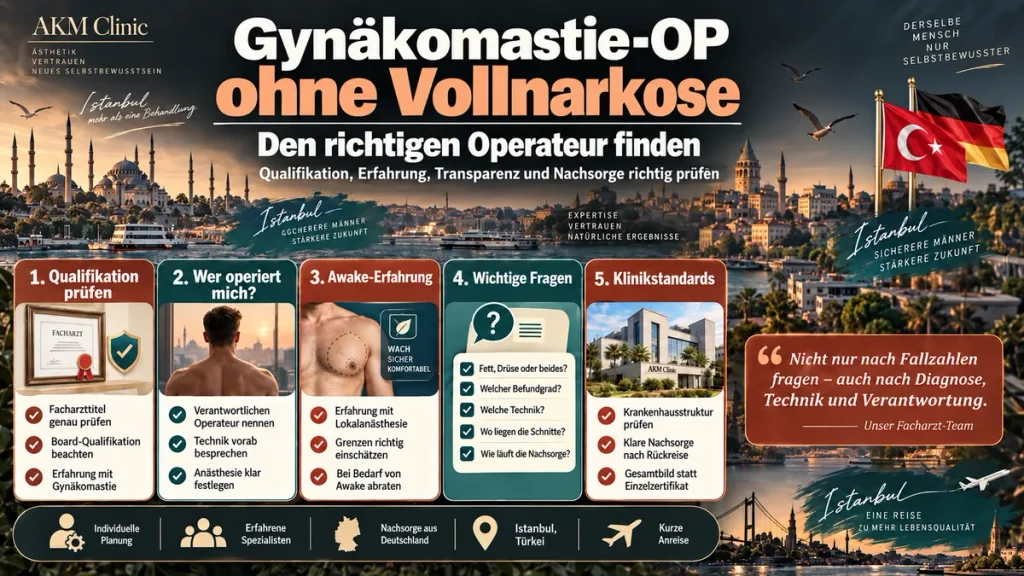 Gynäkomastie-OP ohne Vollnarkose: Infografik zur Wahl des richtigen Operateurs nach Qualifikation, Awake-Erfahrung und Klinikstandard.