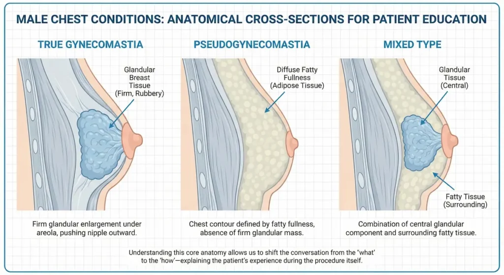 Awake Gynecomastia anatomy diagram comparing true gynecomastia, pseudogynecomastia, and mixed tissue types.