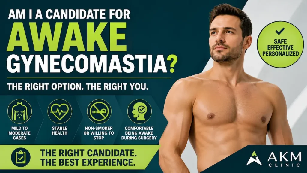 Awake gynecomastia candidate assessment showing ideal factors for male chest correction under local anesthesia.