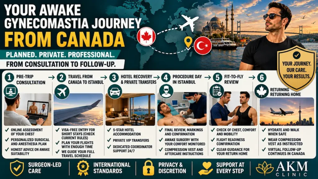 Awake gynecomastia journey from Canada to Turkey showing consultation, travel, surgery and follow-up.