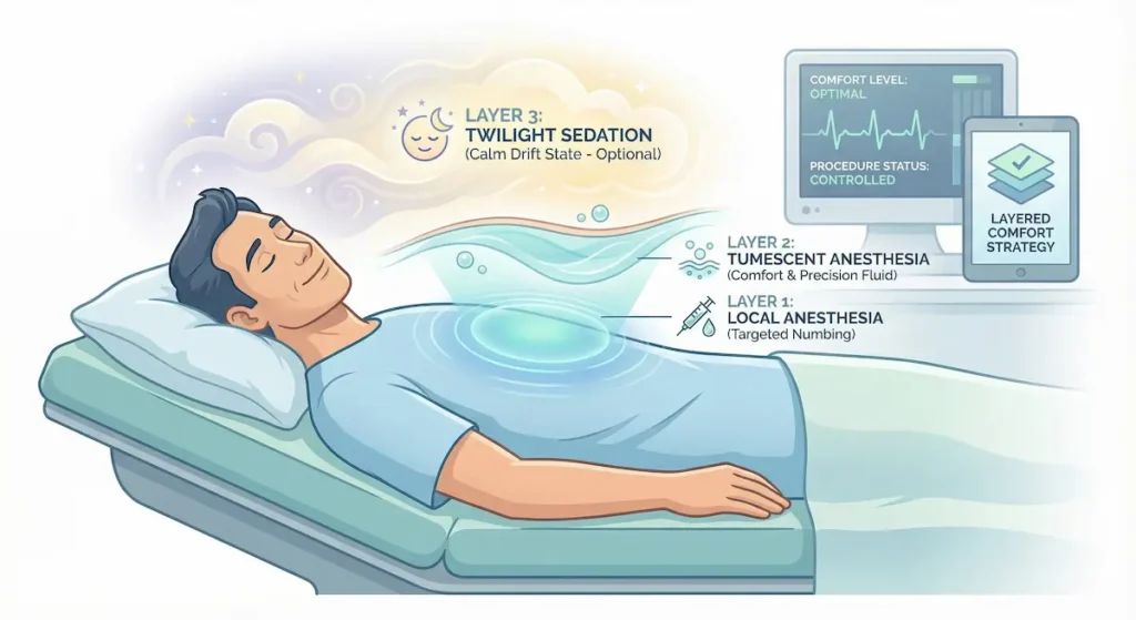 Awake Gynecomastia anesthesia layers: local anesthesia, tumescent anesthesia, and optional twilight sedation.