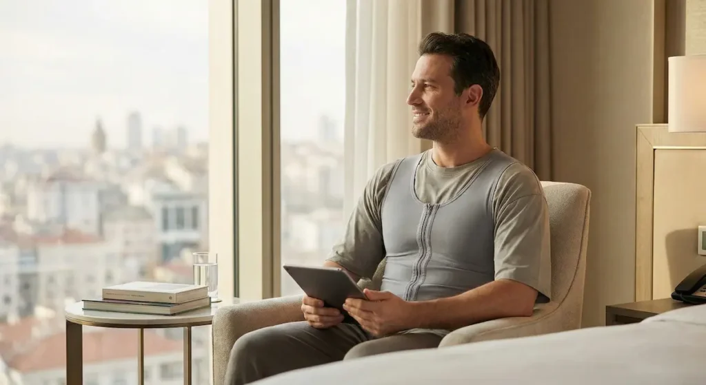 Patient wearing a compression vest during Awake Gynecomastia recovery, sitting comfortably and relaxing.