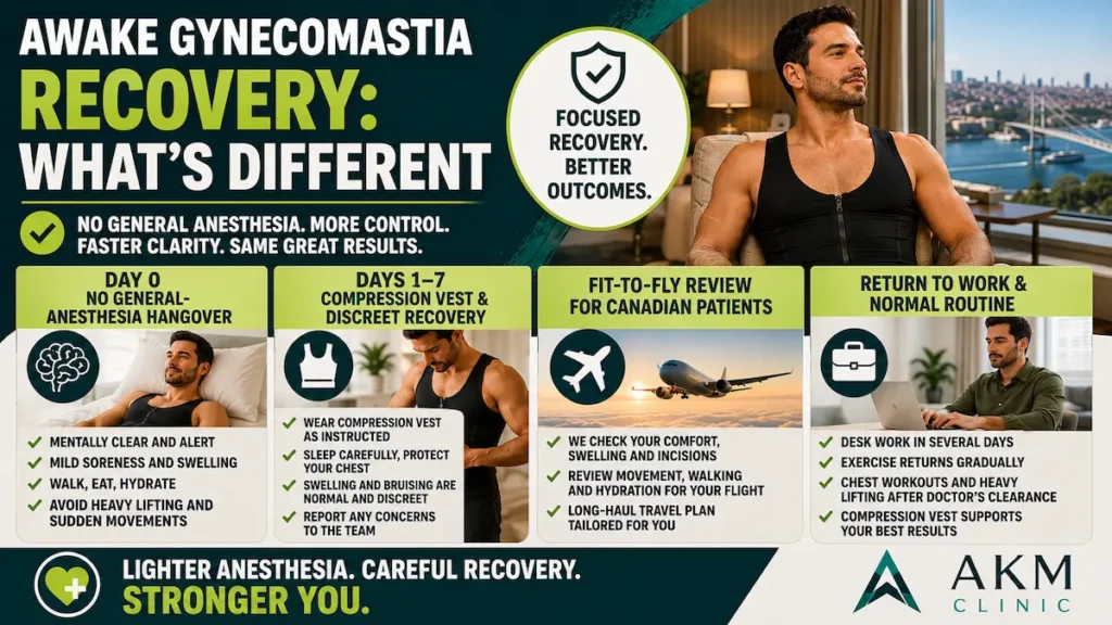 Awake gynecomastia recovery timeline showing compression vest, fit-to-fly review and return to work.