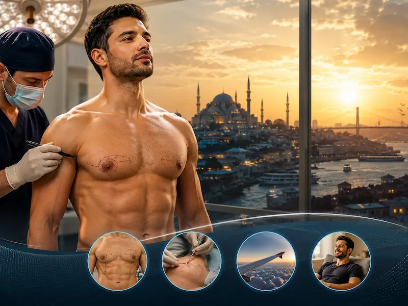 Awake gynecomastia surgery patient with chest markings before male breast reduction under local anesthesia.