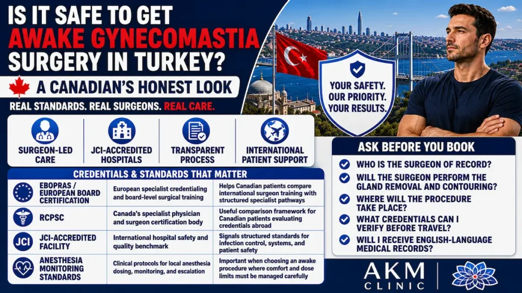 Awake gynecomastia surgery in Turkey safety guide for Canadian patients comparing surgeon credentials.