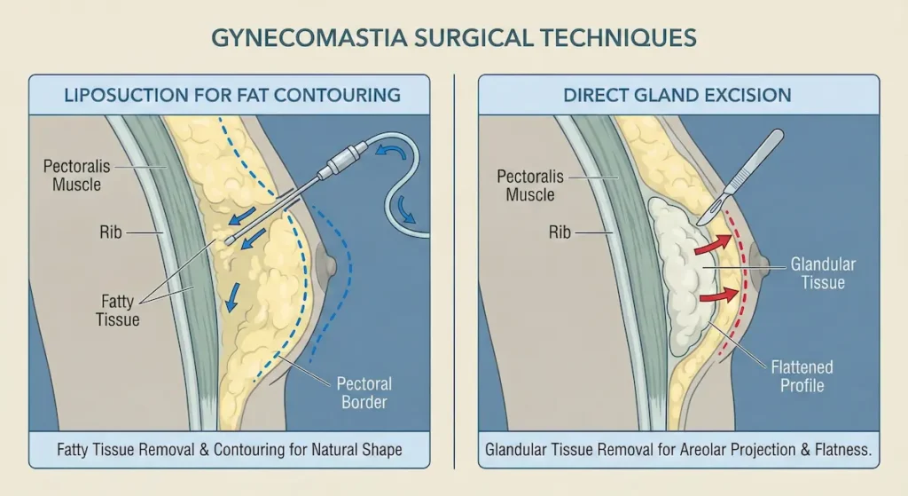 Awake Gynecomastia technique comparison showing liposuction for fat and direct gland excision for areolar projection.
