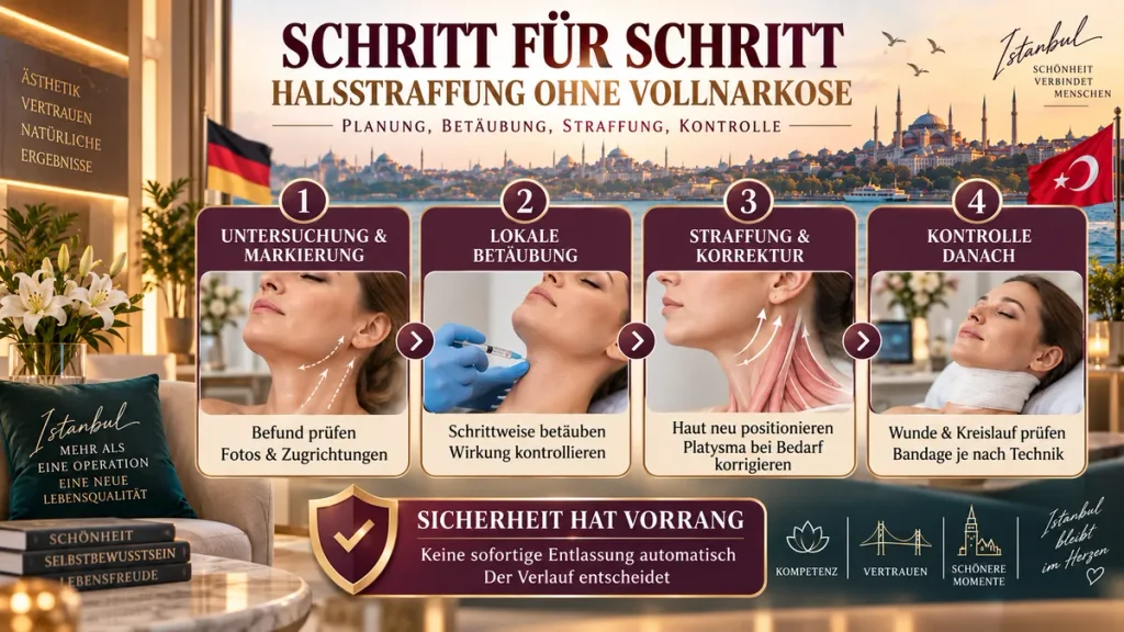 Halsstraffung in der Türkei ohne Vollnarkose: Infografik zum Ablauf mit Untersuchung, lokaler Betäubung, Straffung und Kontrolle.