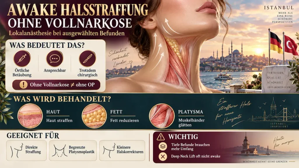 Halsstraffung in der Türkei ohne Vollnarkose: Infografik zu Haut, Fett, Platysma und geeigneten Befunden.