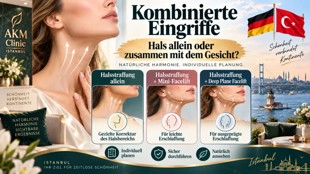 Halsstraffung in der Türkei ohne Vollnarkose: Infografik zu Halsstraffung allein, Mini-Facelift und Deep Plane Facelift.