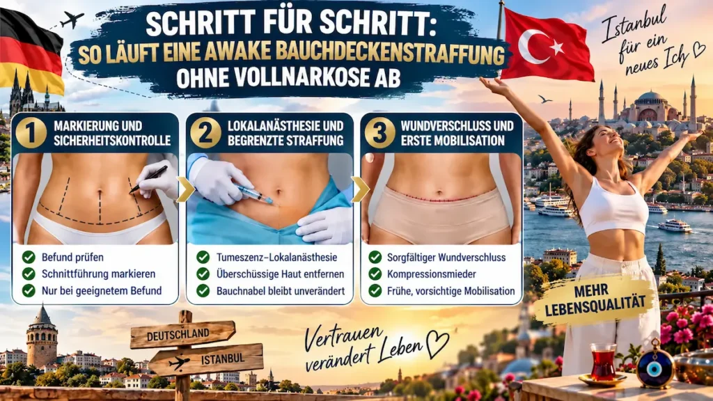 Bauchdeckenstraffung ohne Vollnarkose – Infografik zum Ablauf einer Mini-Bauchdeckenstraffung mit Lokalanästhesie