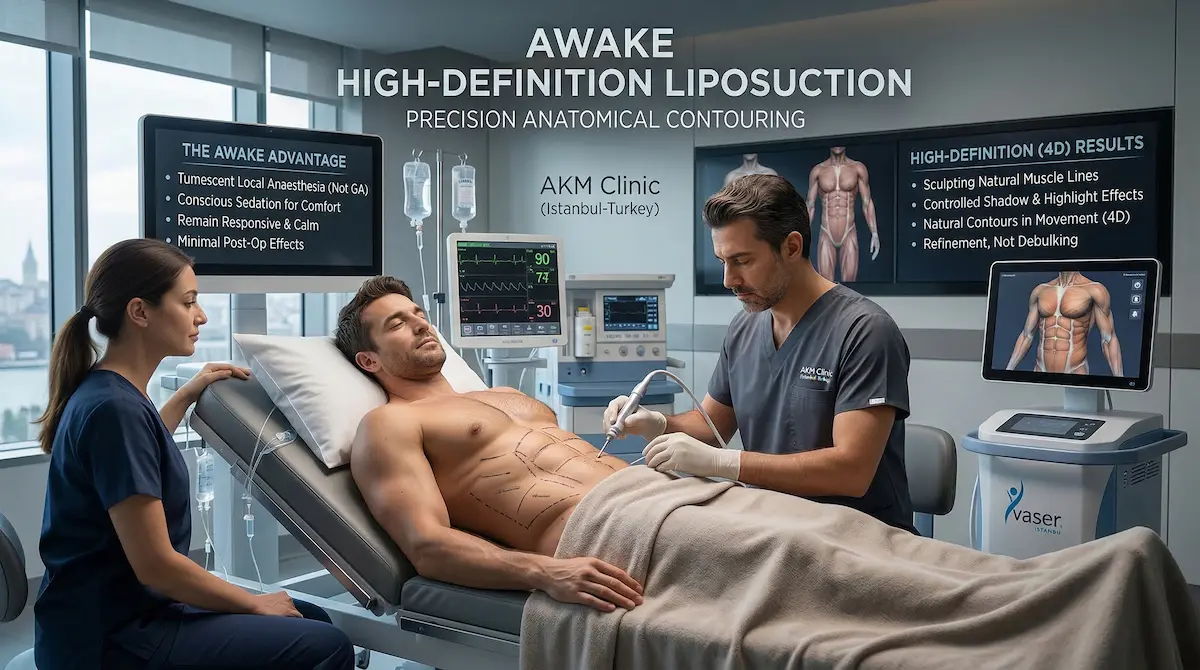 Awake high-definition liposuction (Vaser) on marked abdomen under tumescent local anaesthesia — AKM Clinic Istanbul.