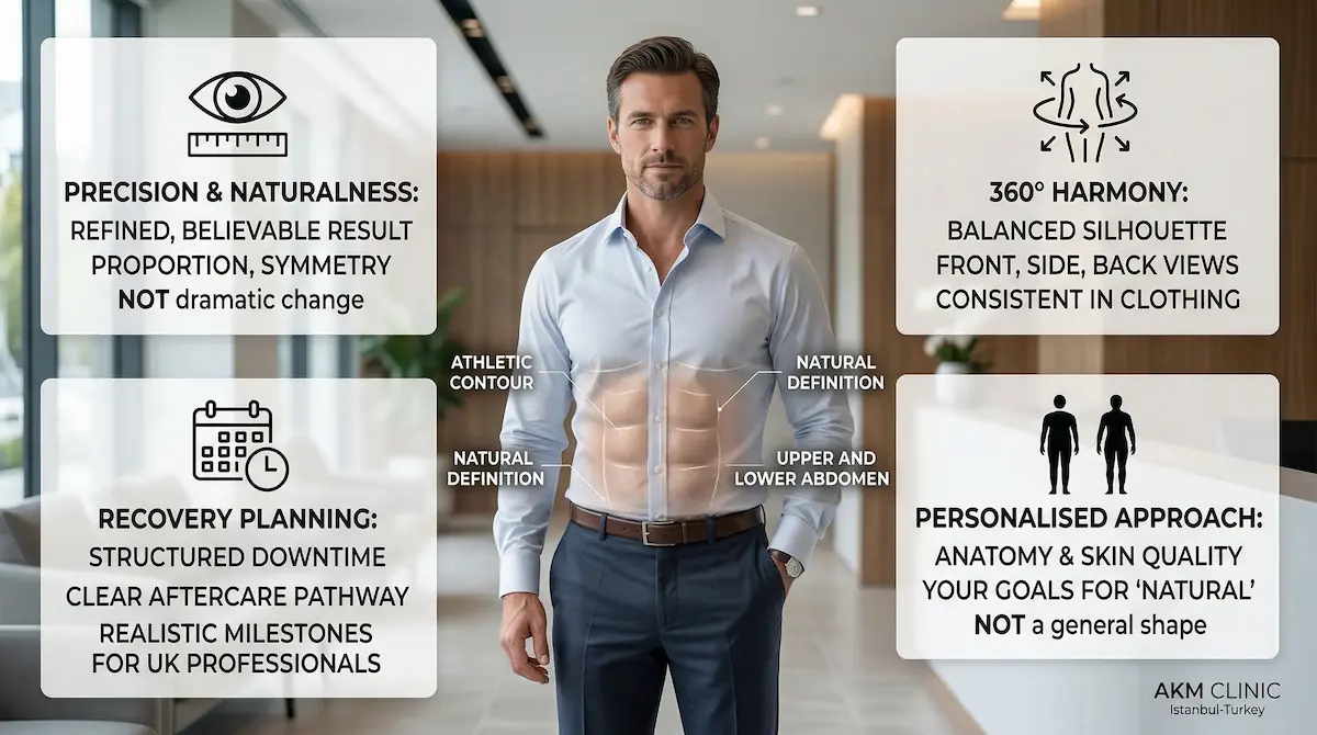 Benefits infographic for awake high-definition liposuction for UK professionals — 4D Vaser Hi-Def liposuction results.