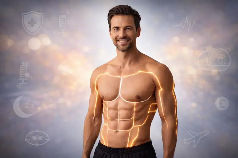 Smiling male with neon contour lines showing treatment zones for awake high-definition liposuction and athletic definition.