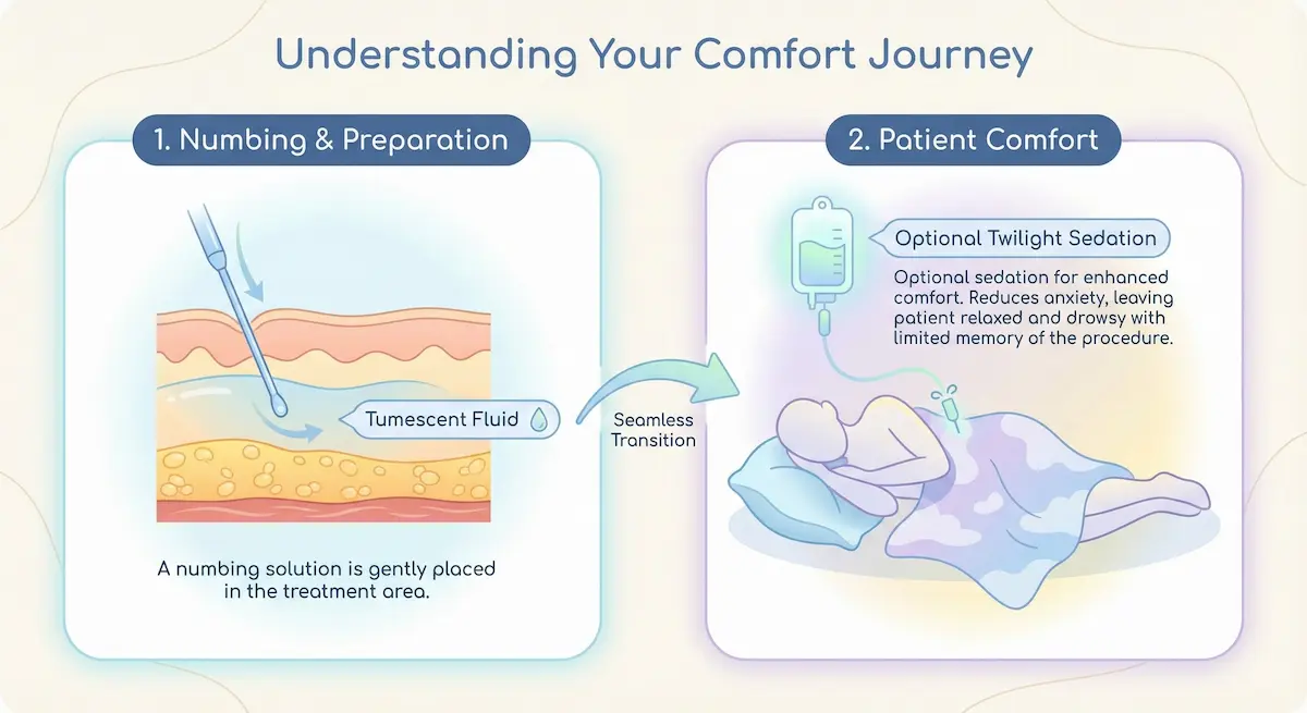 Infographic explaining the comfort pathway for awake liposuction, including tumescent fluid numbing and optional twilight sedation for relaxation.
