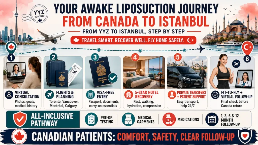 Awake Liposuction Journey From Canada to Istanbul infographic showing virtual consultation, flight planning, visa-free entry, hotel recovery, private transfers, and fit-to-fly follow-up.