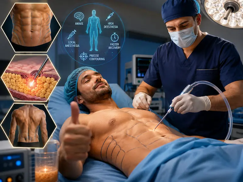 Awake Liposuction Procedure showing a conscious patient receiving abdomen contouring under local anesthesia with marked treatment areas and surgical monitoring.