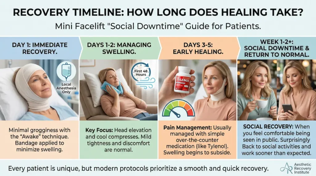 Awake mini facelift recovery timeline infographic showing day-by-day swelling control, pain management, and social downtime through week 1–2+.