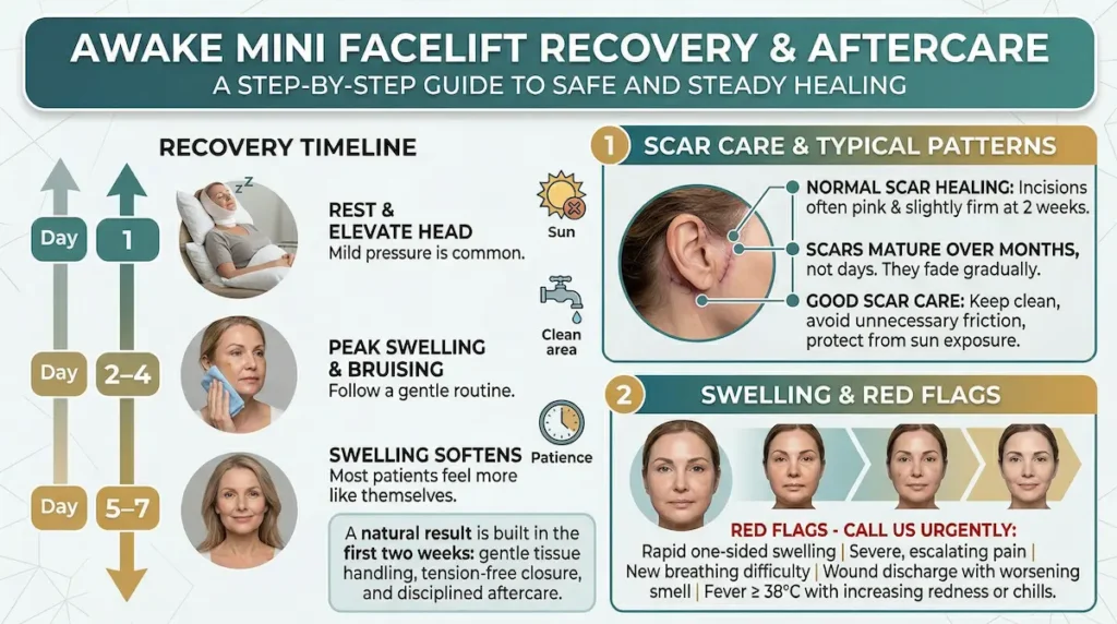 Awake mini facelift recovery timeline infographic showing day-by-day swelling, bruising, scar care at 2 weeks, and red flags.