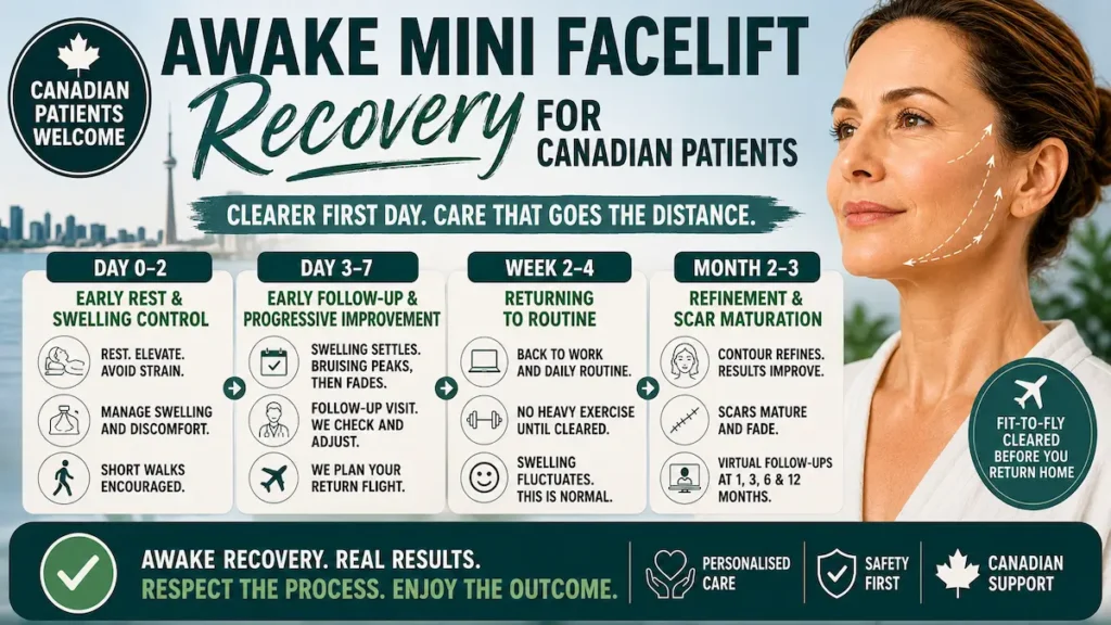 Awake Mini Facelift Recovery timeline for Canadian patients showing Day 0–2, Day 3–7, Week 2–4, and Month 2–3 healing stages.