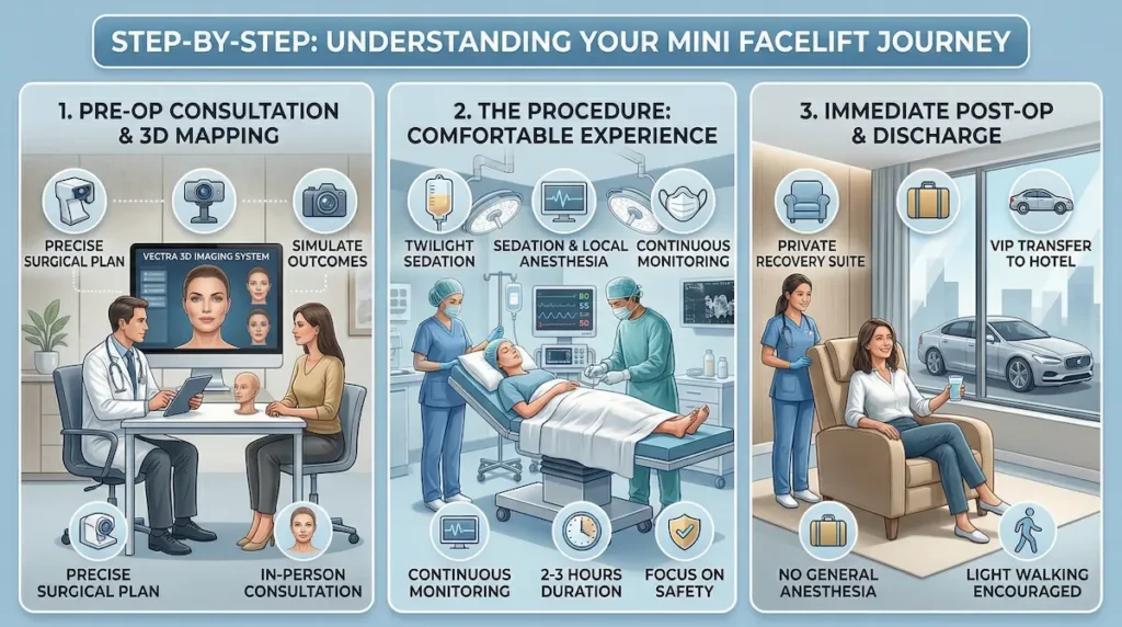 Awake mini facelift step-by-step infographic showing consultation, twilight sedation with local anesthesia, continuous monitoring, and post-op discharge.