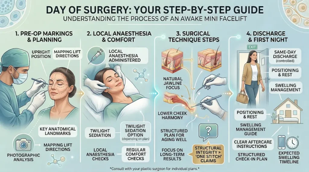 Step-by-step infographic of an awake mini facelift surgery under local anaesthesia, showing planning, technique steps, discharge and aftercare.