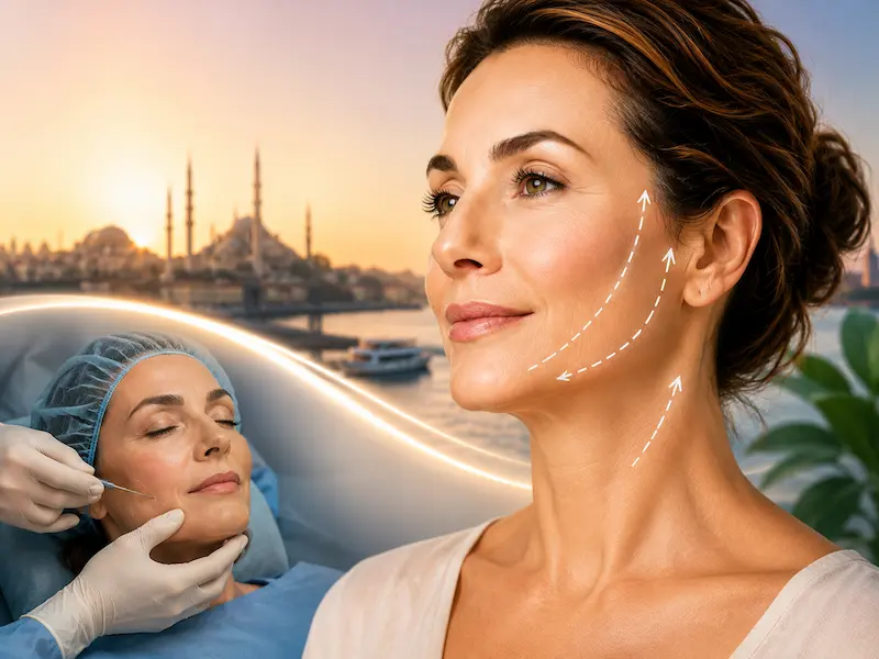 Awake Mini Facelift Surgery showing local anesthesia, lower-face lift markings, and natural jawline refinement in Turkey.